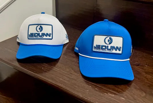 J. E. Dunn Construction Group blue and white custom hat samples