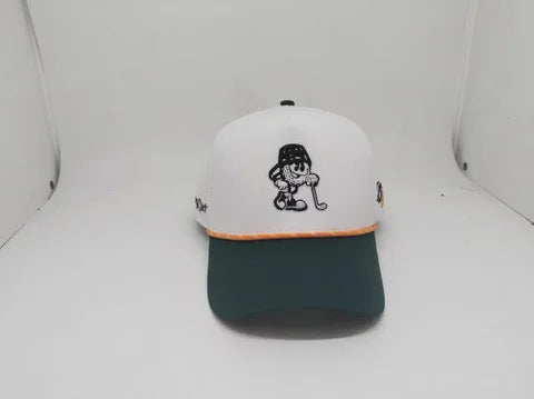 One Goat Foundation white and green custom hat with Bucket Heads mascot on the front