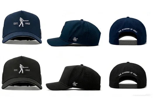 The Academy of Golf navy and black custom hats shown from multiple angles