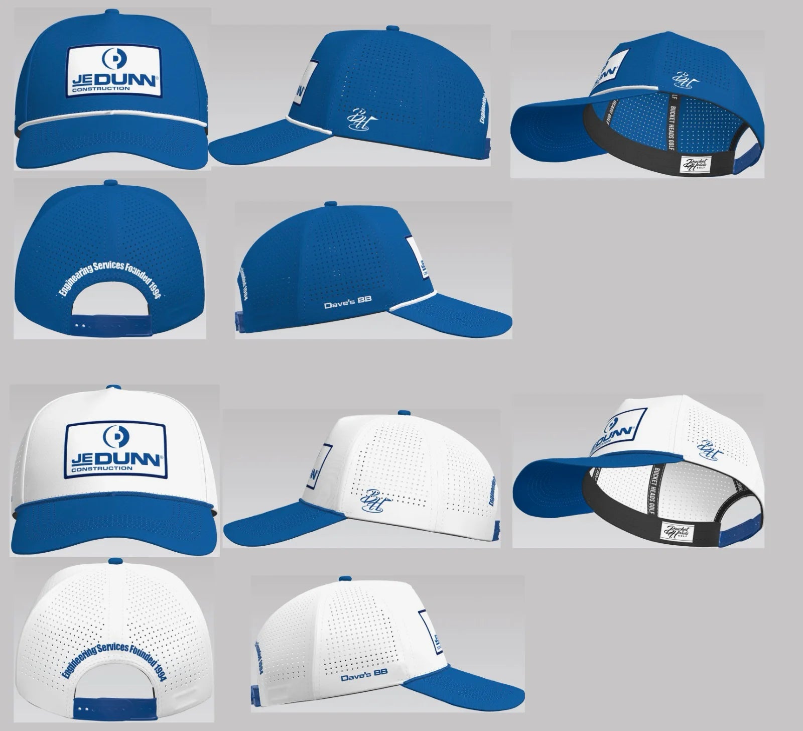 J. E. Dunn Construction Group blue and white custom hat design board