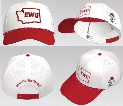 Priority Tax Relief custom white and red hat shown from multiple angles
