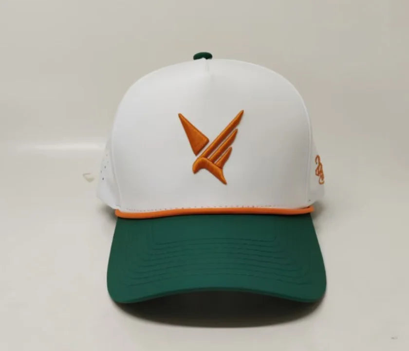 Priority Tax Relief white, orange, and green custom hat with bird logo